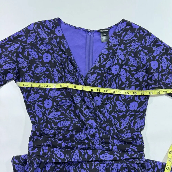 J Peterman A Line Midi Dress Purple Black Floral Shirred Waist Size 8 - Picture 4 of 5